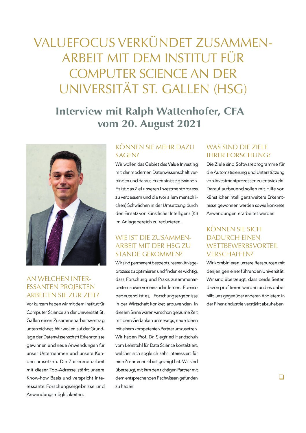 Interview mit Ralph Wattenhofer, CFA  vom 20. August 2021